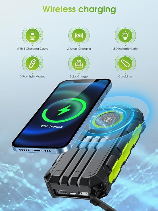 Batterie Externe Solaire 52800mAh Charge Rapide 30W USB-C Power Bank avec 3 Câbles Intégrés, Recharge Sans Fil, 7 Sorties, Lampe LED, Étanche Camping Voyage – Noir Vert