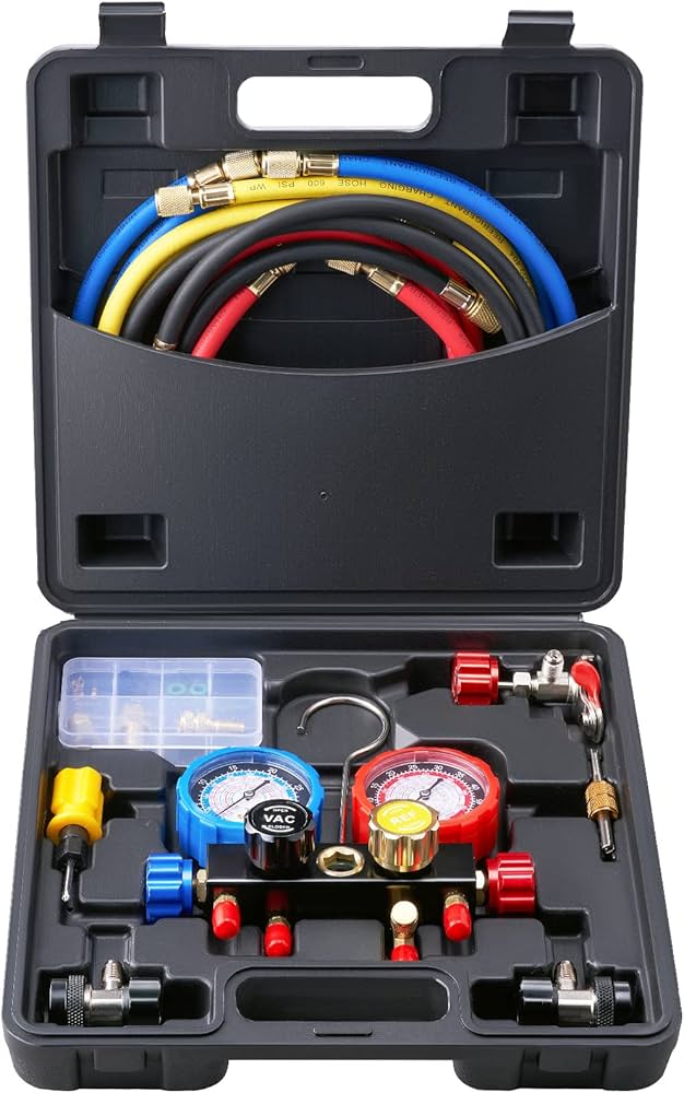 Manomètre AC 4 Voies avec Tuyaux – Kit de Recharge Climatisation Auto R134A R22 R410A