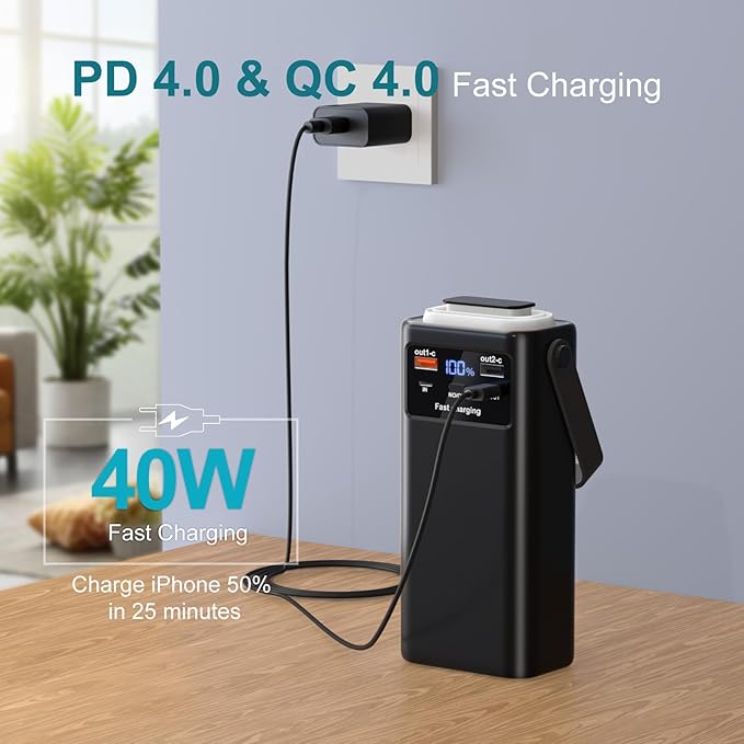 Batterie Externe 60000mAh Power Bank 35W Charge Rapide USB-C – 7 Ports, Câbles Intégrés, Écran LED, Lampe Torche – Noir