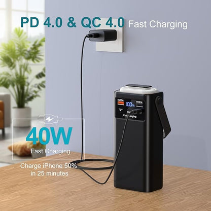 60000mAh Power Bank – 35W USB-C Fast Charging, 7 Ports, Built-in Cables, LED Display, Flashlight
