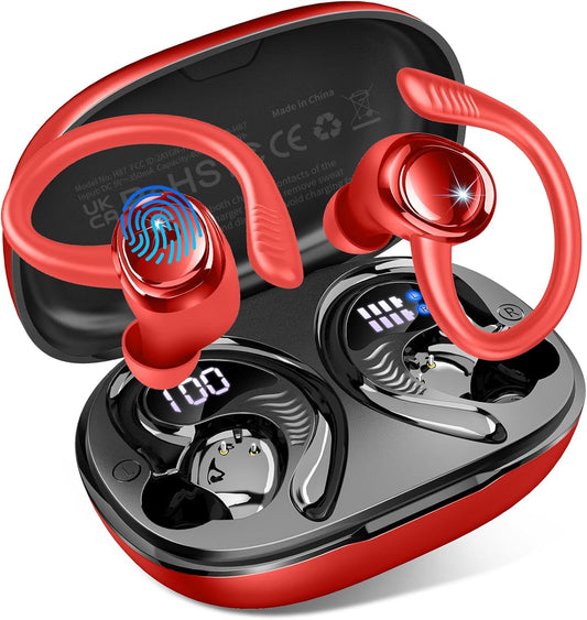 Écouteurs Bluetooth 5.4 Sport Sans Fil – HiFi Stéréo – 4 Micros ENC – 60h Autonomie – IP7 – USB-C – Rouge