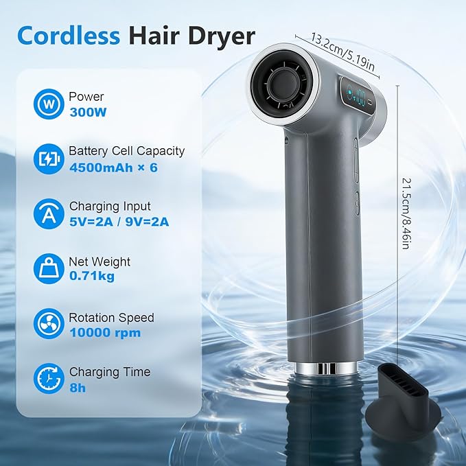 Sèche-Cheveux Sans Fil USB-C Rechargeable 200W – Mini Sèche-Cheveux Portable avec Écran Numérique – 3 Températures – Hair Dryer Voyage Compact