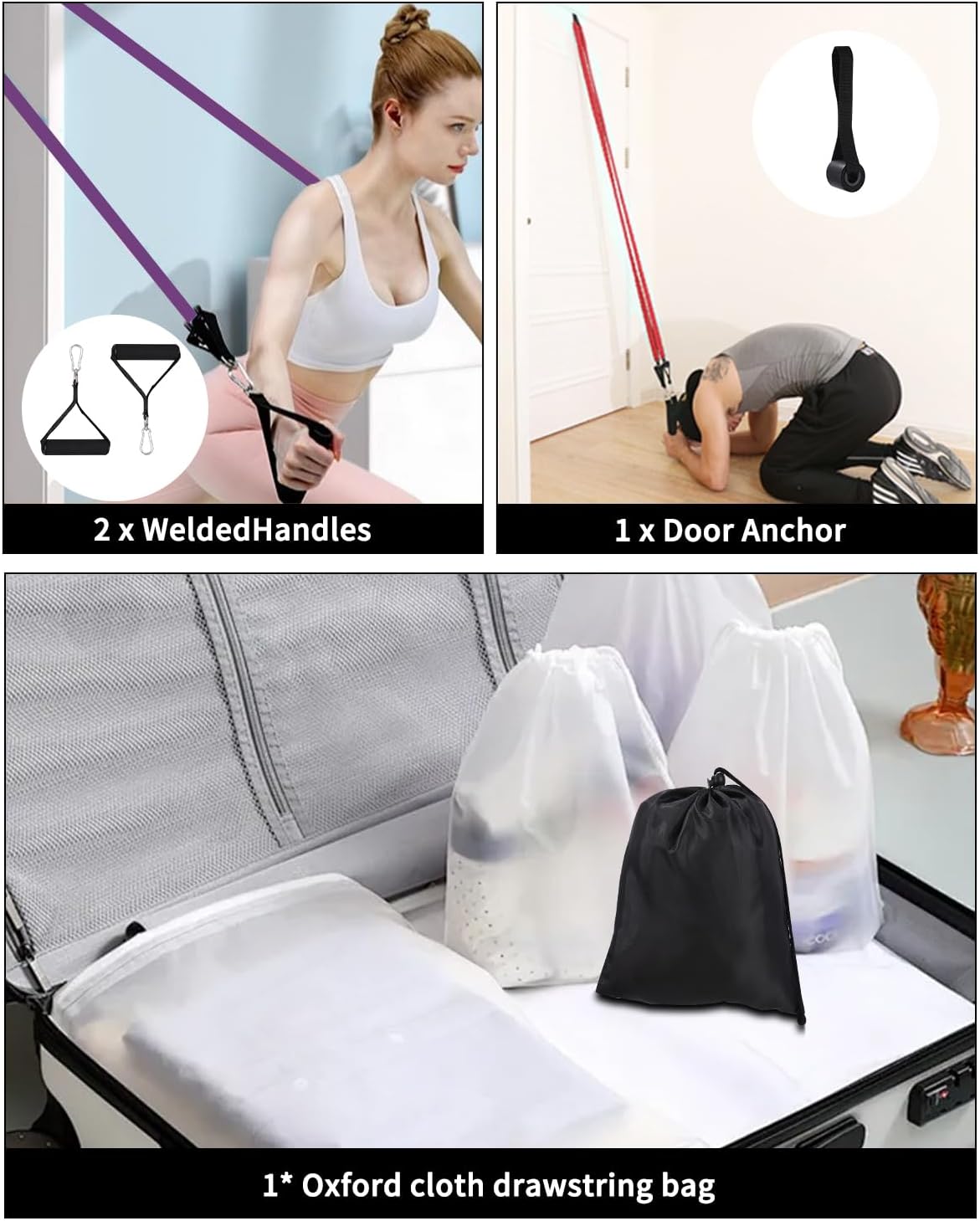 Lot de 4 Bandes de Résistance Musculation Fitness Yoga Pilates avec Poignées Ancrage de Porte et Sac de Transport