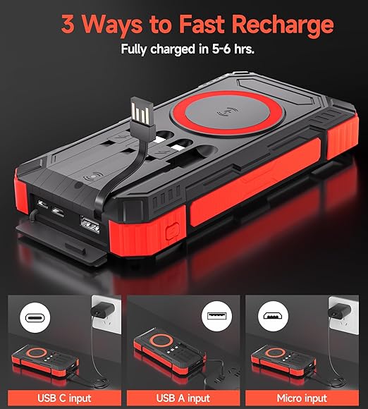 Batterie Externe Solaire 56800mAh 30W USB-C | Power Bank Sans Fil avec 4 Câbles Intégrés, 6 Sorties & 3 Entrées, Lampe LED + Boussole | Chargeur Portable Étanche pour Smartphone, Camping – Noir Rouge