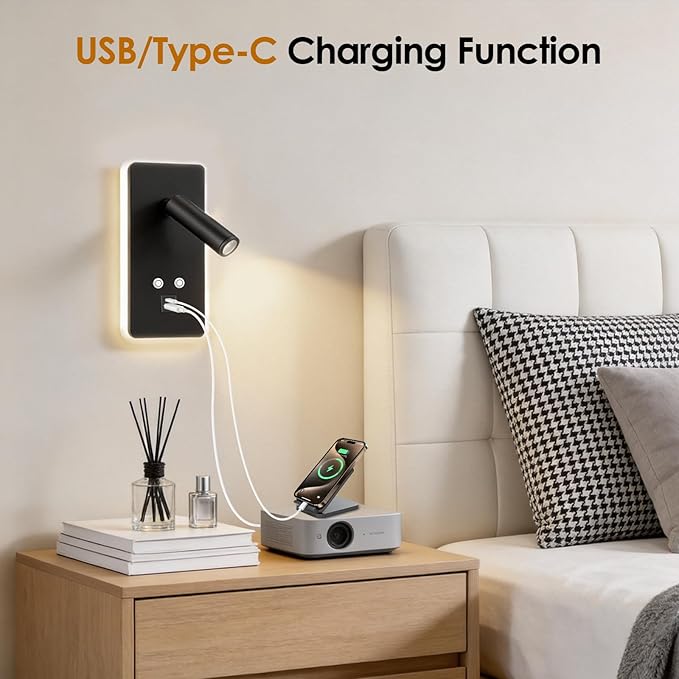 Lot de 2 Lampes de Lecture Murales LED avec USB et USB-C – Applique Murale de Chevet Intensité Variable – Lampe LED Moderne pour Chambre, Hôtel, Couloi