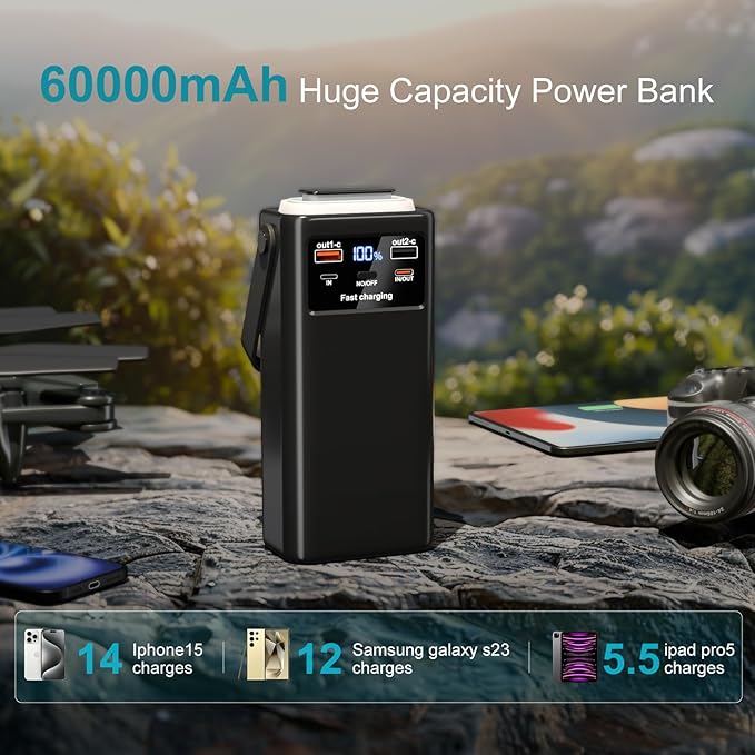 Batterie Externe 60000mAh Power Bank 35W Charge Rapide USB-C – 7 Ports, Câbles Intégrés, Écran LED, Lampe Torche – Noir