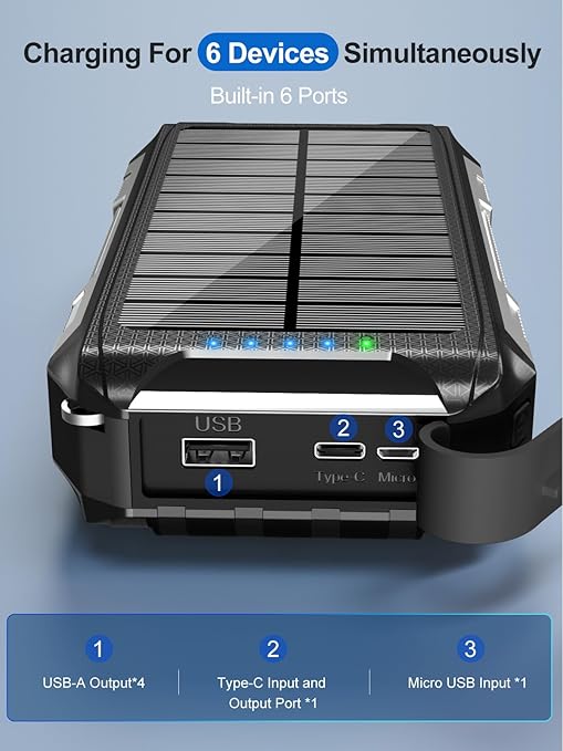 Batterie Externe Solaire 26800mAh Charge Rapide 30W USB-C Power Bank Magnétique Sans Fil avec 4 Câbles Intégrés, 7 Ports, Lampe LED, Étanche Camping Voyage – Noir