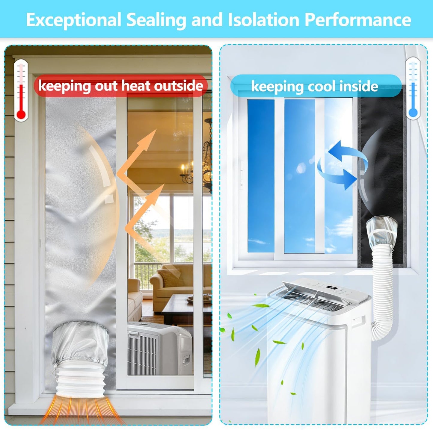 Kit Fenêtre pour Climatiseur Mobile 180 cm – Joint de Fenêtre Étanche en Tissu Oxford 100 % Occultant Anti-UV – Compatible Fenêtre Coulissante Horizontale et Verticale