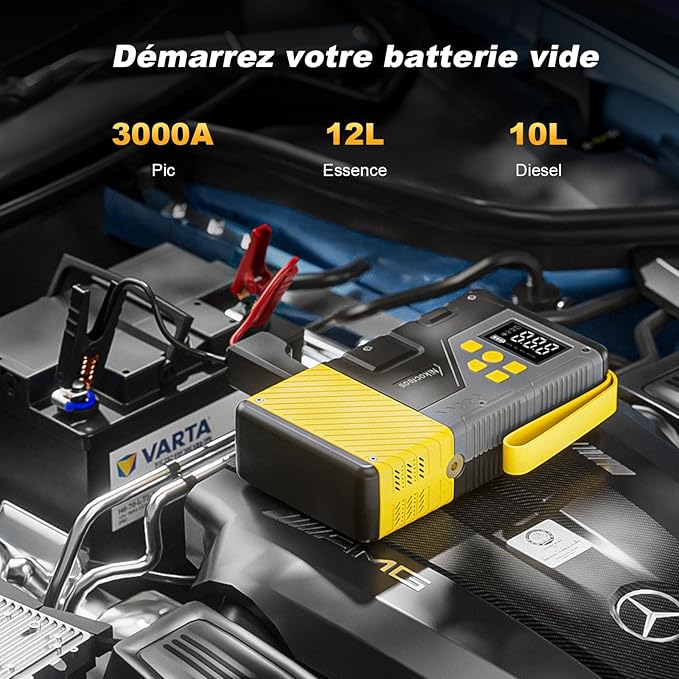 Démarreur de voiture portable 3000A avec compresseur d’air 150 PSI – Booster batterie 12V essence & diesel – Gonfleur pneus avec lampe LED