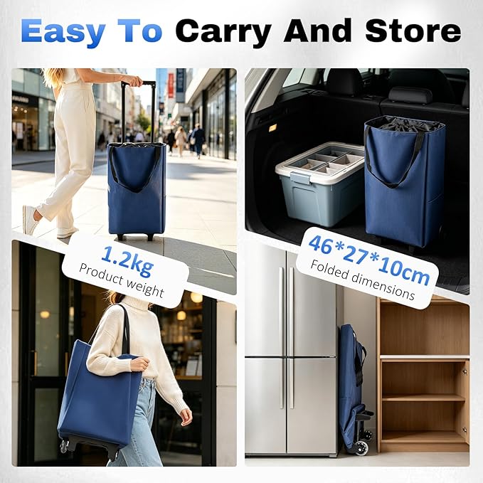 Chariot de Courses Pliable 2 en 1 avec Sac 13,5 L – Sac de Courses à Roulettes Léger pour Marché, Voyage et Camping