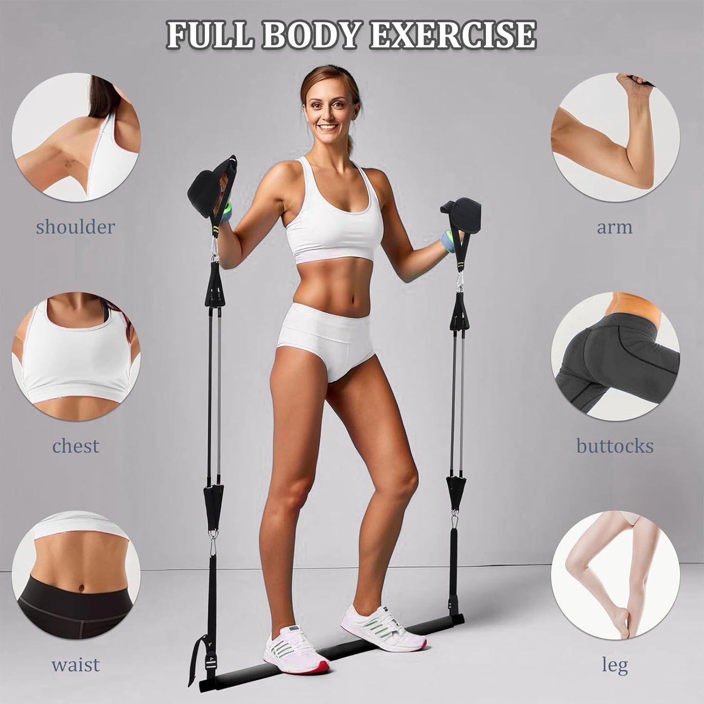 Kit Barre de Pilates avec 6 Bandes de Résistance Élastiques – Ensemble Fitness et Musculation Portable pour Yoga, Squat et Renforcement Musculaire