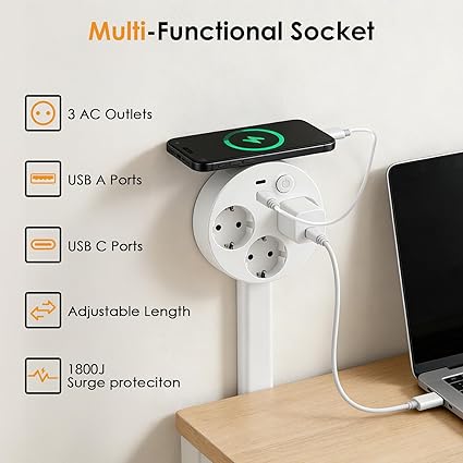 Multiprise Extensible Orientable 180° avec USB-A et USB-C – Rallonge de Prise Murale 5 Ports – Barre d’Extension Rétractable