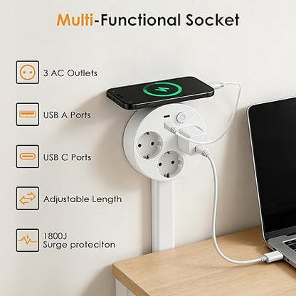 Multiprise Extensible Orientable 180° avec USB-A et USB-C – Rallonge de Prise Murale 5 Ports – Barre d’Extension Rétractable