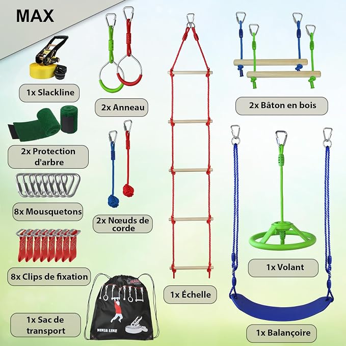 Kit Parcours Ninja Slackline 15 m – Obstacles, Échelle, Anneaux & Balançoire – Extérieur Enfants