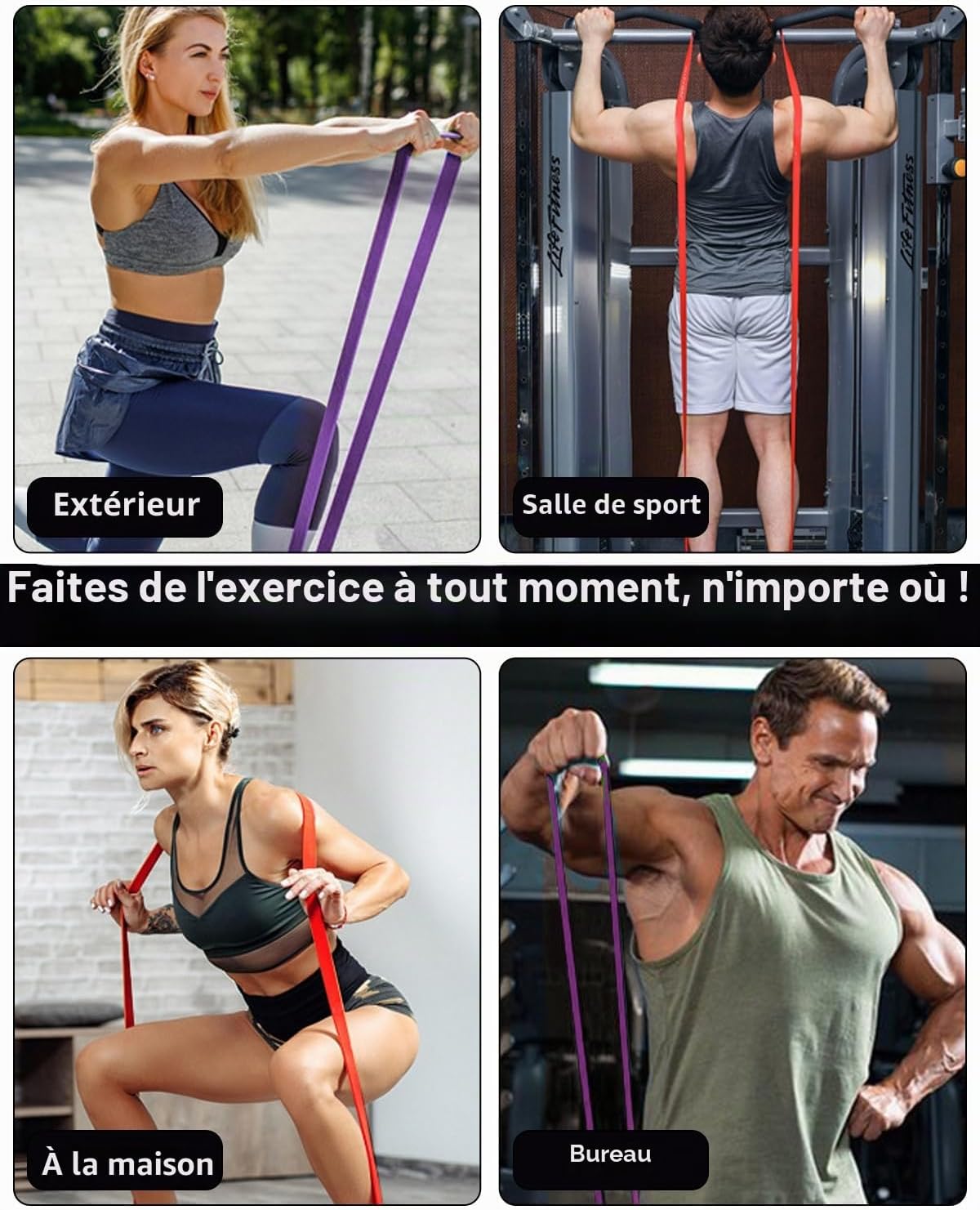 Lot de 4 Bandes de Résistance Musculation Fitness Yoga Pilates avec Poignées Ancrage de Porte et Sac de Transport