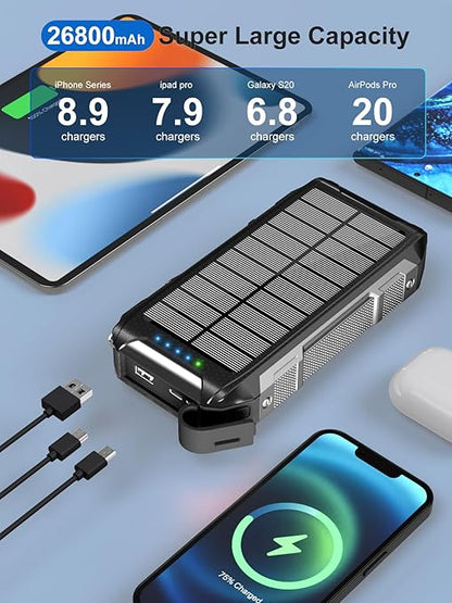 26800mAh 30W USB-C Solar Power Bank – Magnetic Wireless – 7 Ports + 4 Cables + LED – Black