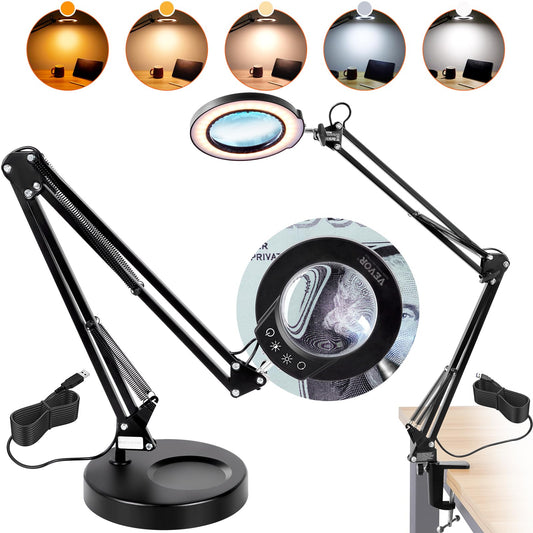 Lampe Loupe 5X avec 64 LED – Lentille Verre 4,3" – Loupe de Bureau à Base ou Pince – Éclairage LED