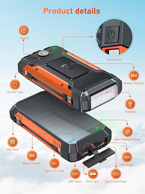 Batterie Externe Solaire 49800mAh PD30W USB-C | Power Bank Charge Rapide avec 2 Câbles Intégrés, 3 Sorties & 2 Entrées, Lampe Torche LED | Chargeur Portable Étanche pour Smartphone, Tablette – Noir Orange