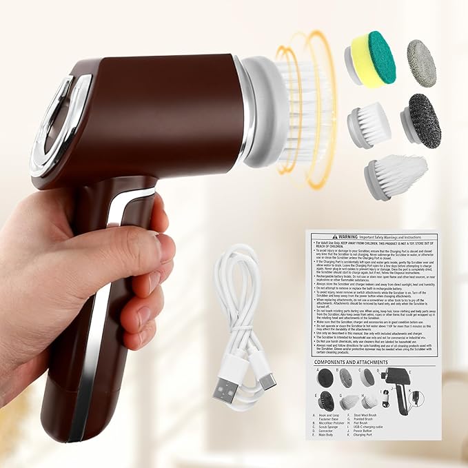 Brosse de Nettoyage Électrique Sans Fil 5 en 1 IPX7 Étanche – Nettoyeur Électrique Rechargeable avec 5 Têtes de Brosse – Salle de Bain Cuisine Évier Voiture