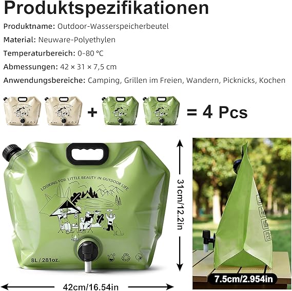 Lot de 4 Bidons d’Eau Pliables 8L avec Robinet – Réservoir Eau Portable Camping Randonnée Sans BPA