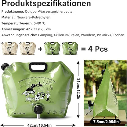 Lot de 4 Bidons d'Eau Pliables 8L avec Robinet – 32L Total – Camping Randonnée Sans BPA