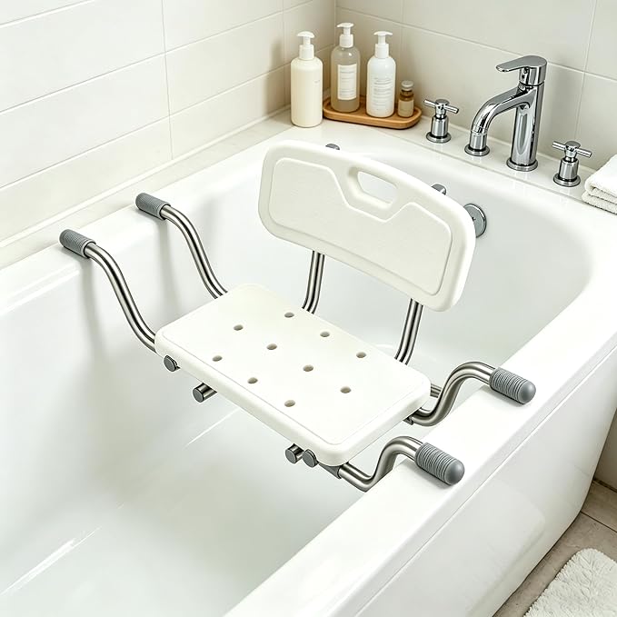 Siège de Baignoire Senior Réglable en Aluminium avec Dossier – Tabouret de Bain Antidérapant Charge 150 kg – Aide à la Mobilité pour Personnes Âgées – Blanc –