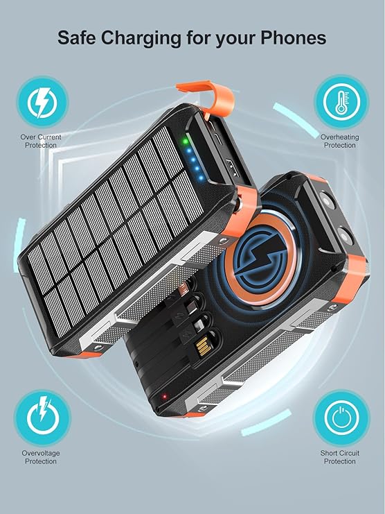 Batterie Externe Solaire 26800mAh Charge Rapide 30W USB-C Power Bank Magnétique Sans Fil avec 4 Câbles Intégrés, 7 Ports, Lampe LED, Étanche Camping Voyage – Noir Orange