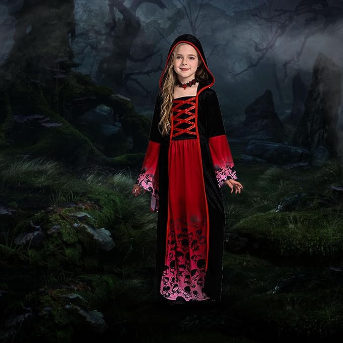 Déguisement Vampire Fille Gothique Médiéval avec Capuche – Costume Halloween Carnaval Rouge et Noir Enfant