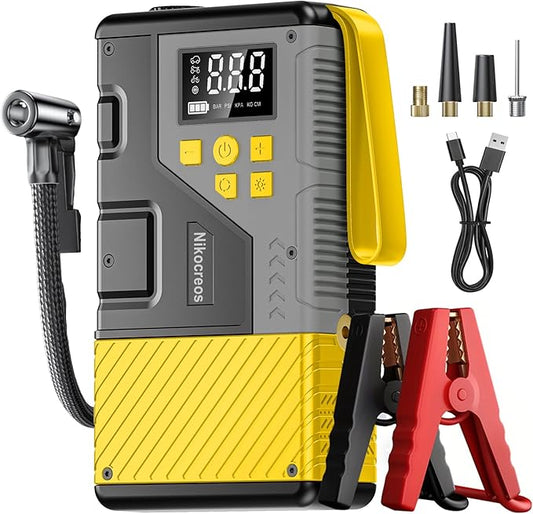 Démarreur de voiture portable 3000A avec compresseur d’air 150 PSI – Booster batterie 12V essence & diesel – Gonfleur pneus avec lampe LED