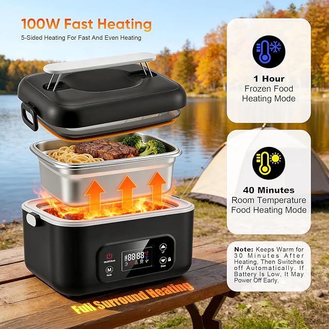 Gamelle Chauffante Électrique Sans Fil 24000mAh 1,3L avec Minuterie 12H USB Rechargeable – Lunch Box Chauffante Portable pour Bureau, Voyage, Pique-Nique – Noir