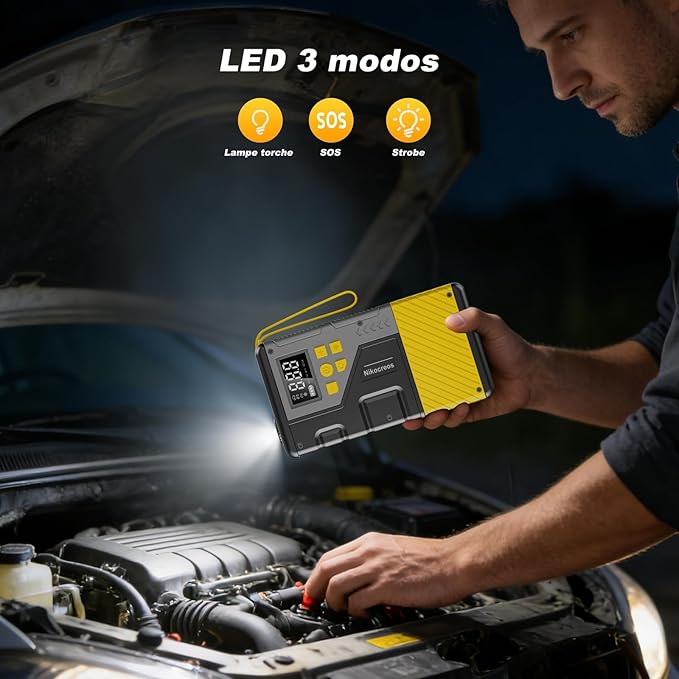 Démarreur de voiture portable 3000A avec compresseur d’air 150 PSI – Booster batterie 12V essence & diesel – Gonfleur pneus avec lampe LED
