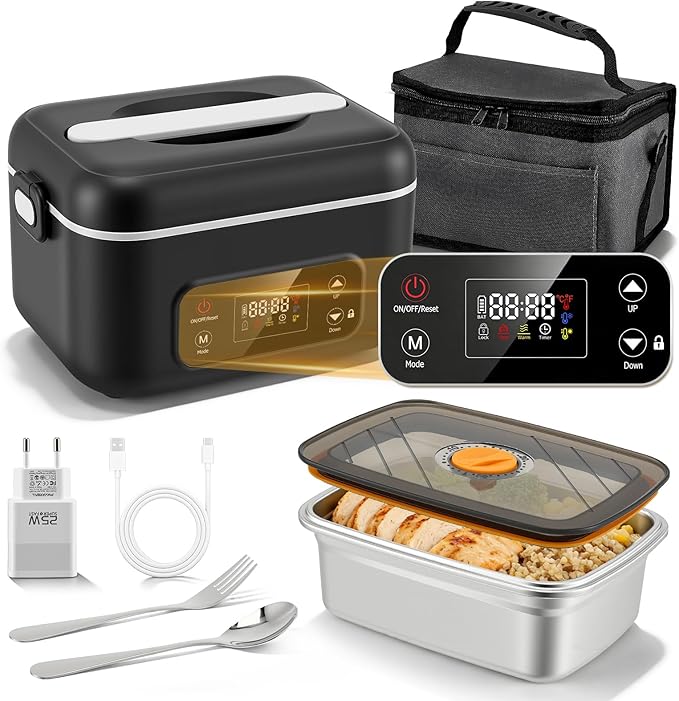 Gamelle Chauffante Électrique Sans Fil 24000mAh 1,3L avec Minuterie 12H USB Rechargeable – Lunch Box Chauffante Portable pour Bureau, Voyage, Pique-Nique – Noir