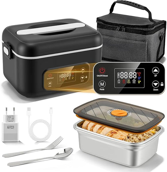Gamelle Chauffante Électrique Sans Fil 24000mAh 1,3L avec Minuterie 12H USB Rechargeable – Lunch Box Chauffante Portable pour Bureau, Voyage, Pique-Nique – Noir