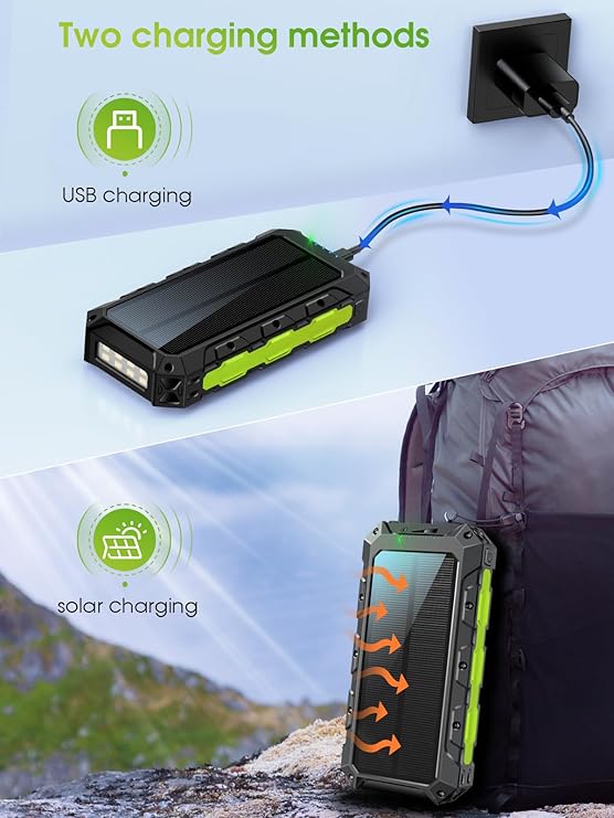 Batterie Externe Solaire 52800mAh Charge Rapide 30W USB-C Power Bank avec 3 Câbles Intégrés, Recharge Sans Fil, 7 Sorties, Lampe LED, Étanche Camping Voyage – Noir Vert