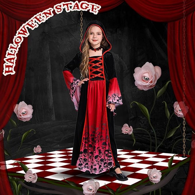 Déguisement Vampire Fille Gothique Médiéval avec Capuche – Costume Halloween Carnaval Rouge et Noir Enfant