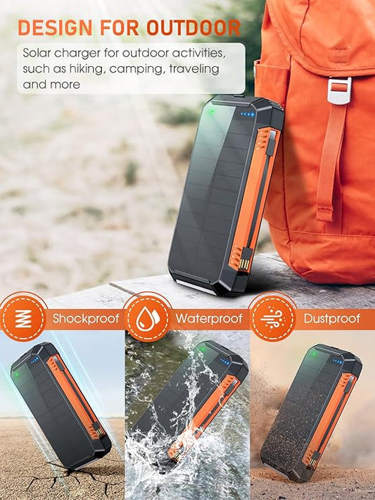 Batterie Externe Solaire 49800mAh 30W USB-C | Power Bank Charge Rapide avec 2 Câbles Intégrés, 3 Sorties & 2 Entrées, Lampe LED + Boussole | Chargeur Portable Étanche pour Smartphone, Tablette, Camping – Noir Orange