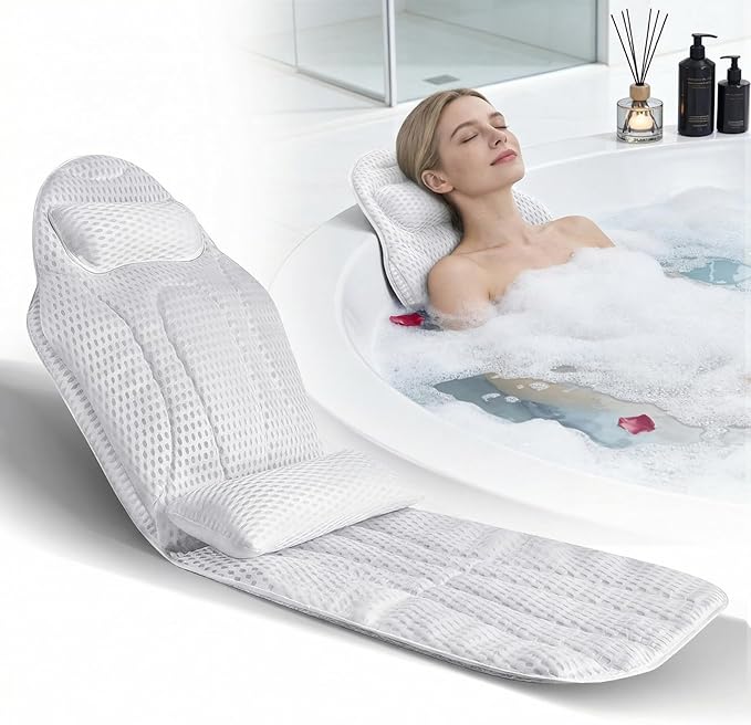 Coussin de Bain Full Body avec Appui-Tête et Support Lombaire – Tapis de Baignoire 5D Antidérapant avec Ventouses – 142 x 48 cm