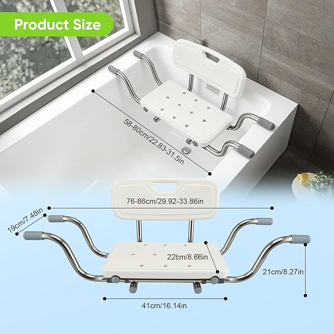 Siège de Baignoire Senior Réglable en Aluminium avec Dossier – Tabouret de Bain Antidérapant Charge 150 kg – Aide à la Mobilité pour Personnes Âgées – Blanc –