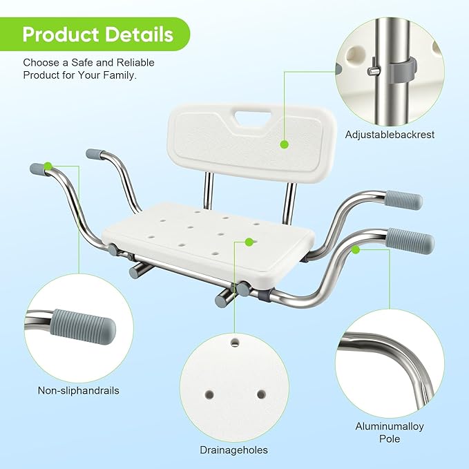 Siège de Baignoire Senior Réglable en Aluminium avec Dossier – Tabouret de Bain Antidérapant Charge 150 kg – Aide à la Mobilité pour Personnes Âgées – Blanc –