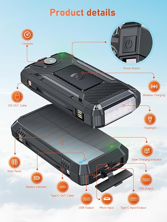 Batterie Externe Solaire 49800mAh Charge Rapide 30W USB-C Power Bank Étanche avec Câbles Intégrés, Lampe LED, Induction Sans Fil, Multi Ports Smartphone Camping – Noir