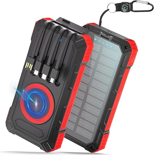 Batterie Externe Solaire 56800mAh 30W USB-C | Power Bank Sans Fil avec 4 Câbles Intégrés, 6 Sorties & 3 Entrées, Lampe LED + Boussole | Chargeur Portable Étanche pour Smartphone, Camping – Noir Rouge