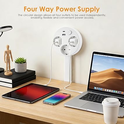 Multiprise Extensible Orientable 180° avec USB-A et USB-C – Rallonge de Prise Murale 5 Ports – Barre d’Extension Rétractable