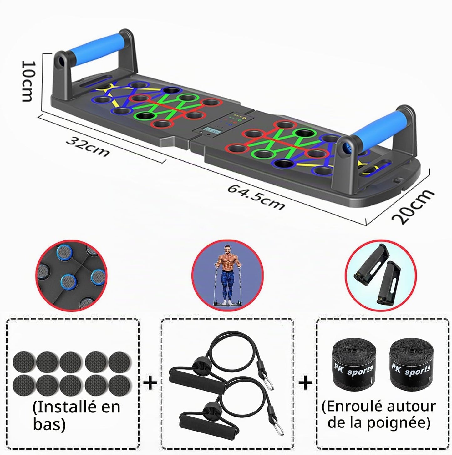 Planche de Pompes Multifonction Pliable – Push Up Board avec Poignées Antidérapantes, Bandes de Résistance et Compteur