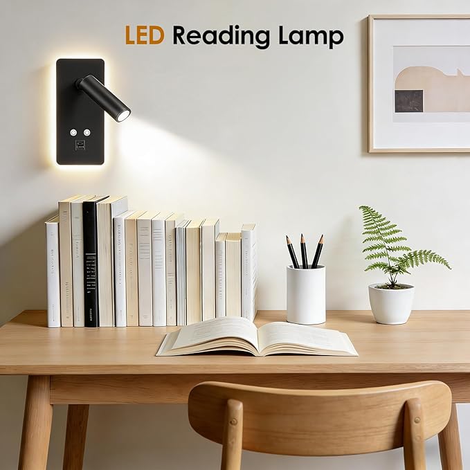 Liseuse Murale LED avec USB et USB-C – Lampe de Lecture Tête de Lit Dimmable 3W+9W 3000K – Applique Murale Moderne pour Chambre et Salon – Noir