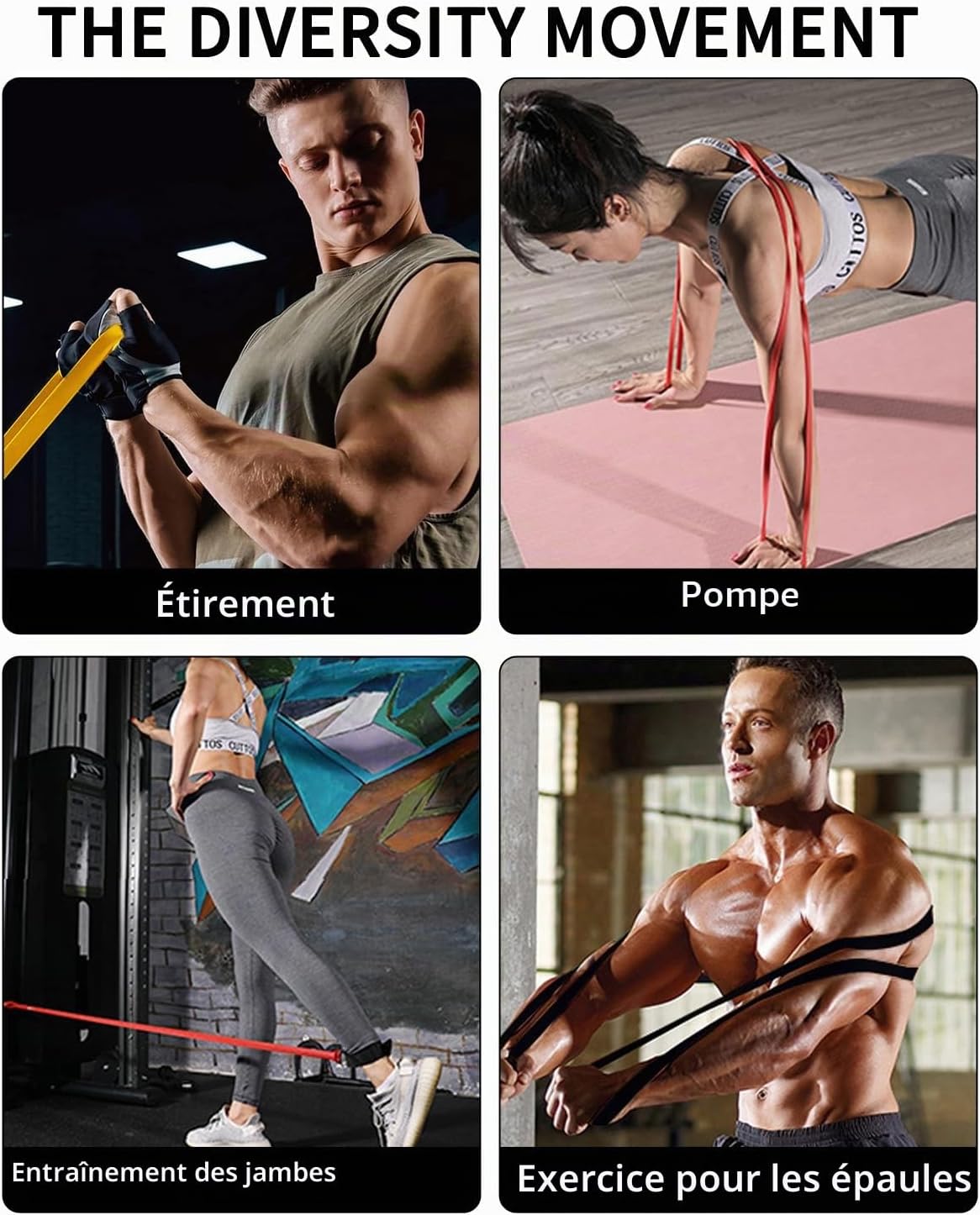 Lot de 4 Bandes de Résistance Musculation Fitness Yoga Pilates avec Poignées Ancrage de Porte et Sac de Transport