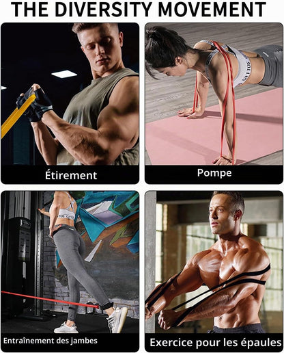 Lot de 4 Bandes de Résistance – Musculation, Fitness, Yoga & Pilates, Poignées, Ancrage de Porte & Sac de Transport