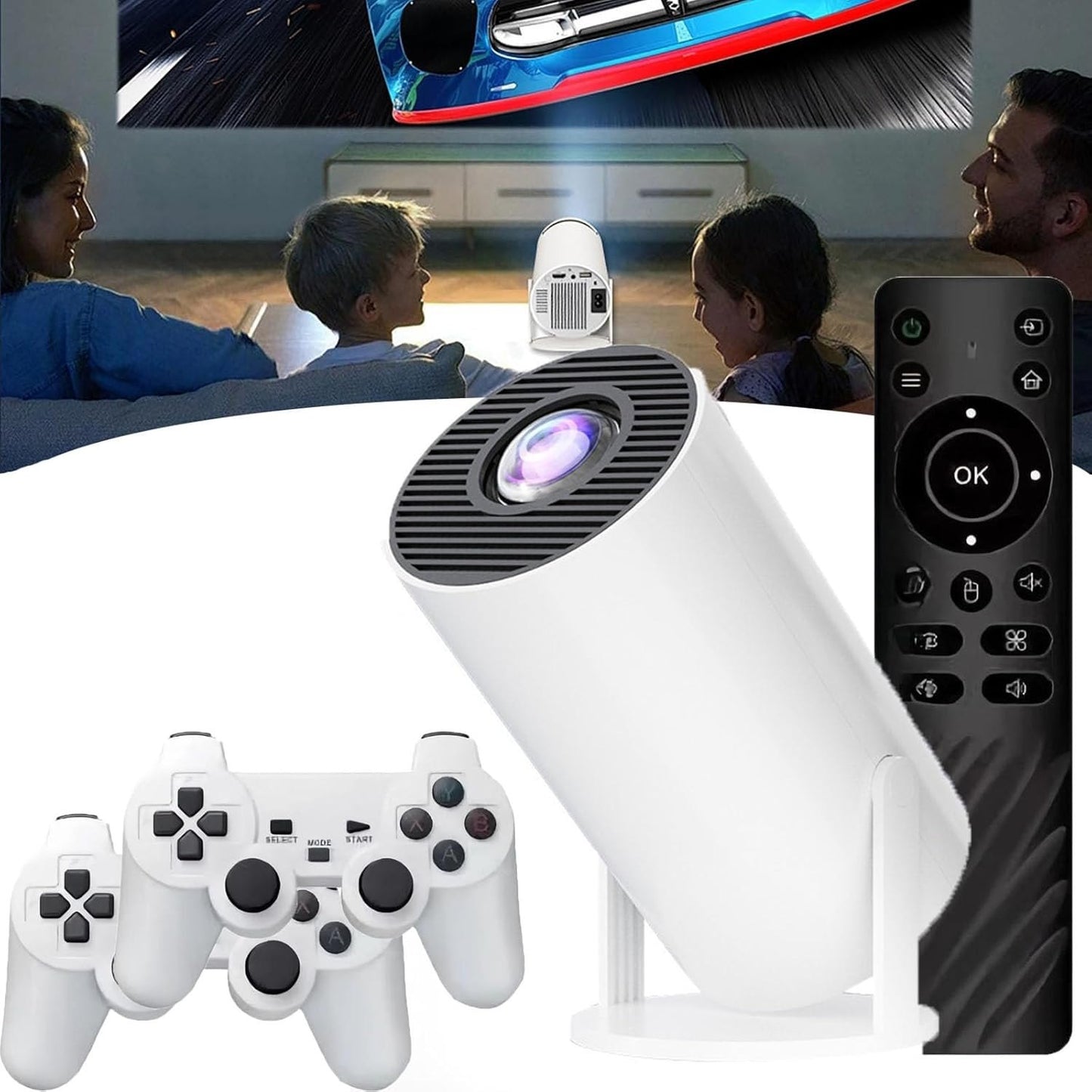 Mini Projecteur HD Portable avec Double Manette Sans Fil – Système Multimédia WiFi Bluetooth – Vidéoprojecteur LED Full HD Compatible Android iOS – Divertissement Familial Blanc