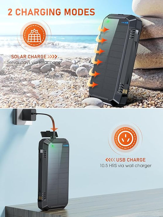 Batterie Externe Solaire 49800mAh Charge Rapide 30W USB-C Power Bank Étanche avec Câbles Intégrés, Lampe LED, Induction Sans Fil, Multi Ports Smartphone Camping – Noir