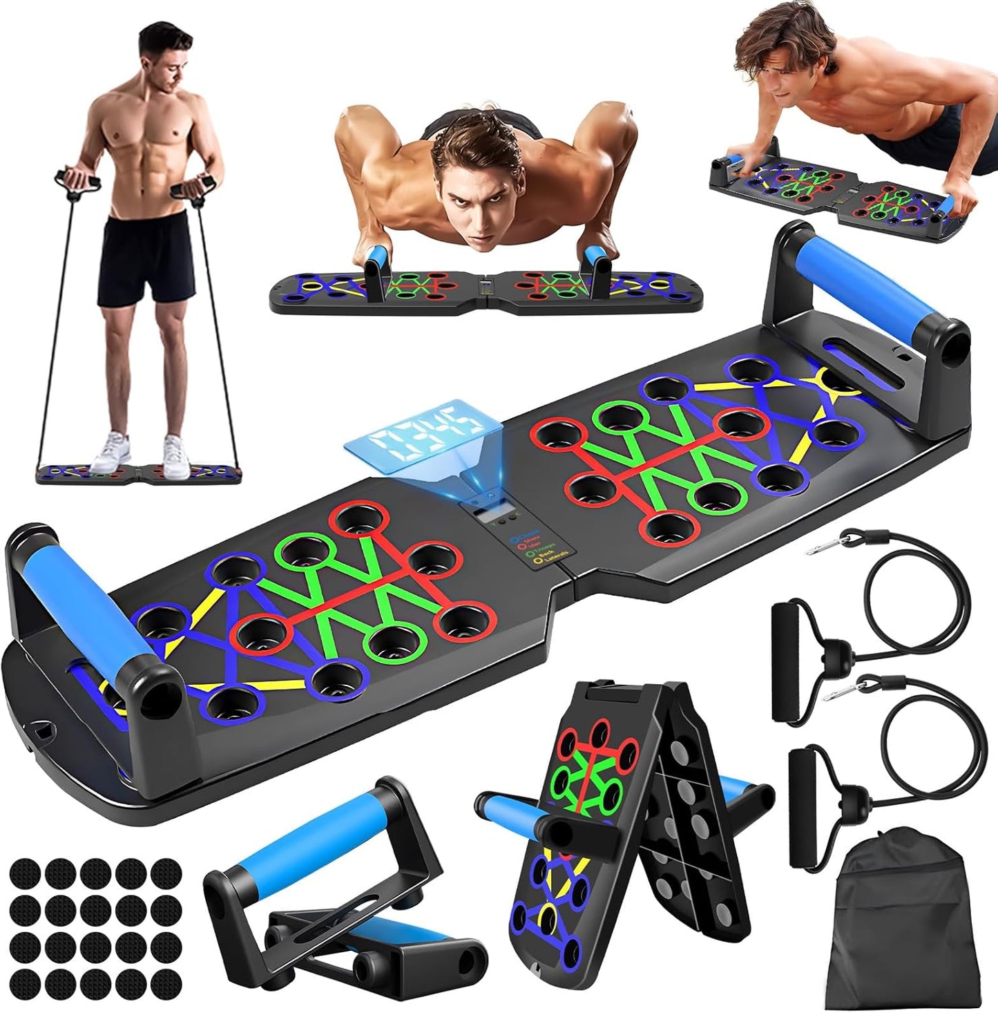 Planche de Pompes Multifonction 26 en 1 Pliable avec Bandes de Résistance et Poignées Antidérapantes Fitness Musculation