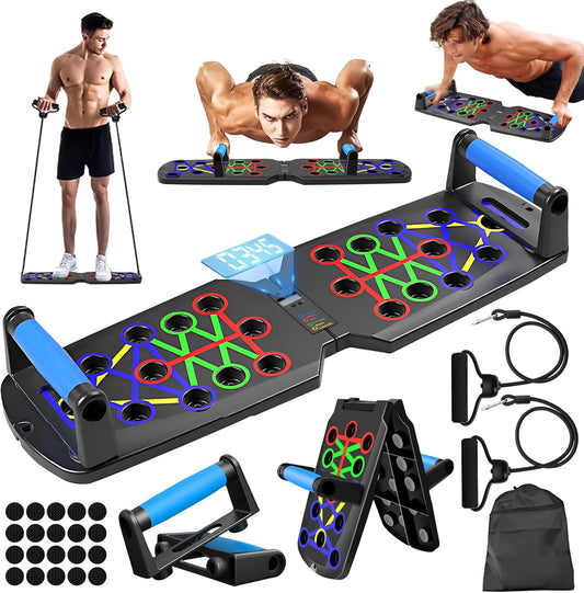 Planche de Pompes Multifonction 26 en 1 Pliable avec Bandes de Résistance et Poignées Antidérapantes Fitness Musculation
